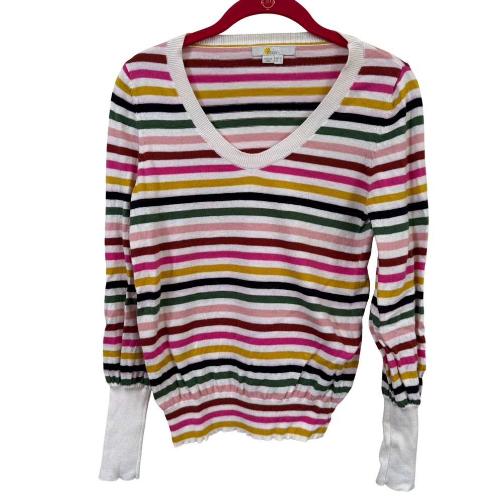 Boden Striped V-Neck Sweater Cotton Wool Blend Multicolor Pullover‎ Sz Colorful2